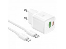 Блок питания сетевой 1 USB, 1 Type-C HOCO N65, QC3.0, PD20Вт, кабель Type-C - 8 pin, цвет: белый (1/13/130)