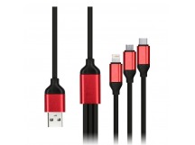 Дата-кабель Smartbuy USB - 3 в 1 Micro+C+8pin, резин, толст. 1.2 м, до 3А черный (iK-312QBOMB black)