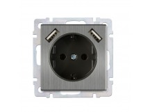Розетка с заземлением и 2-мя USB 16А серый никель "Нептун" (SBE-05gn-16-S1-USB)