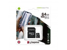 MicroSD  64GB  Kingston Class 10 Canvas Select Plus A1 U1 V10  (100 Mb/s) + SD адаптер