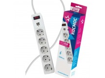 Сетевой фильтр Космос 5р.С/З 10A 1.8м 2USB ПВС 3x0.75мм² белый (1/20)