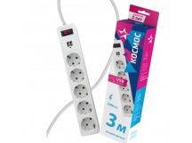 Сетевой фильтр Космос 5р.С/З 10A 3.0м 2USB ПВС 3x0.75мм² с выкл. белый (1/20)