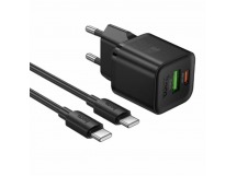 Блок питания сетевой 1 USB, 1 Type-C HOCO N65, QC3.0, PD20Вт, кабель Type-C - Type-C, цвет: черный (1/13/130)