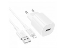 Блок питания сетевой 1 USB Borofone BA101A Pudding, пластик, PD10.5Вт, кабель USB - 8 pin, цвет: белый (1/20/120)