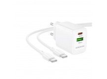 Блок питания сетевой 1 USB, 1 Type-C Borofone BN29 Fuente, пластик, PD30Вт, QC3.0, кабель Type-C - Type-C, цвет: белый (1/32/128)