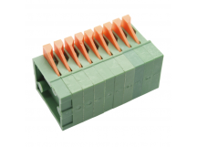 Нажимные клеммники KAIFENG KF141R-2.54-09P-1G (Зеленый)Нажимной клеммник на плату угловой 9 конт. шаг 2,54мм 130В 6А